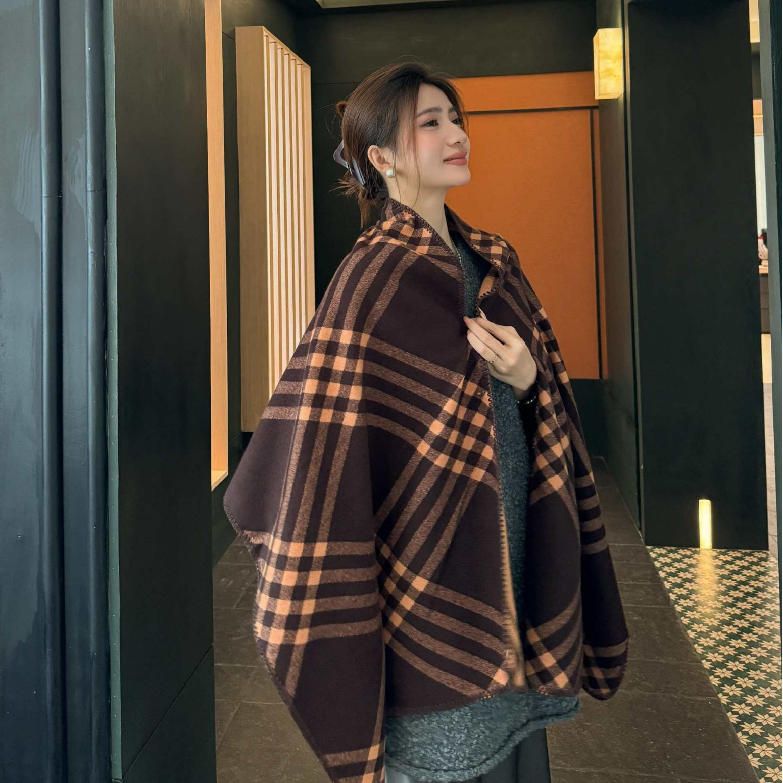 Klassischer Karierter Damenschal, Dickes Winter Cape Als Umhang_voghion.com