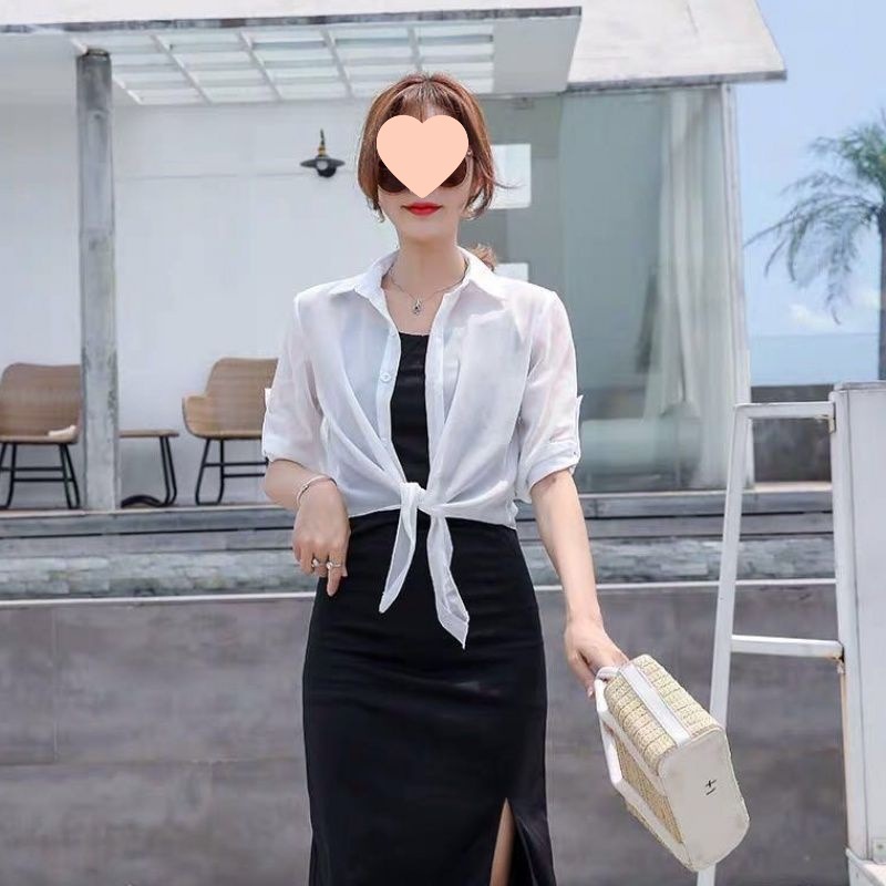 白色衬衣七分袖雪纺女开衫夏配长裙上衣外搭披肩坎肩短款小外套潮