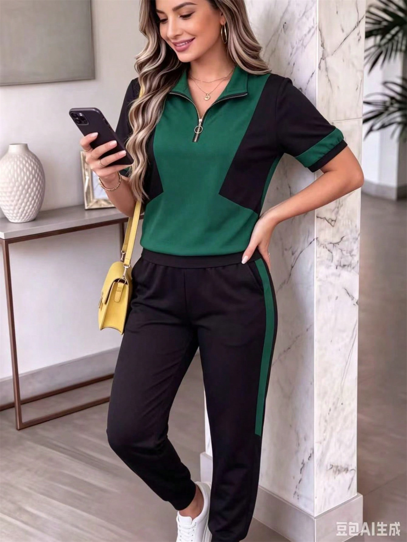 Women's Casual Sportswear Set Spring/Summer Color Blocked Polo Shirt & High Waisted Striped Pants Regular Fit_ecoleips.com