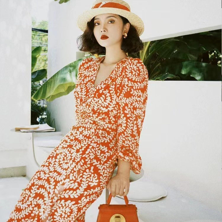 2022 Summer French Style V-Neck Orange Powder White Peach Flower and Leaf Printed Lace Edge Long Dress for Women 50328 2022 Summer French Style V-Neck Orange Powder White Peach Flower and Leaf Printed Lace Edge Long Dress for Women 50328