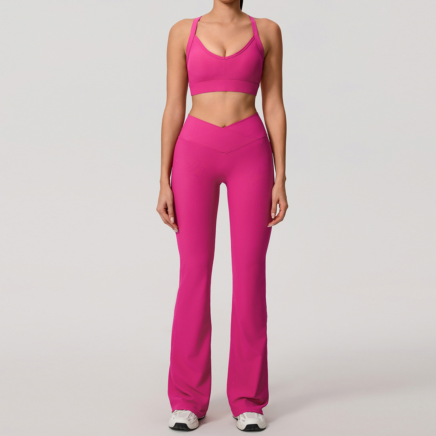 Europa y América sexy cruzada belleza de espalda deportiva al aire libre chaqueta con cremallera piernas anchas cintura alta y largo conjunto de pantalones de calzado 7005