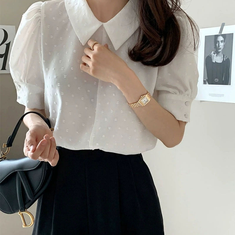 Шифоновая рубашка с вышитым жаккардовым кукольным воротником в корейском стиле для женщин, новый летний элегантный элегантный универсальный топ с пышными рукавами