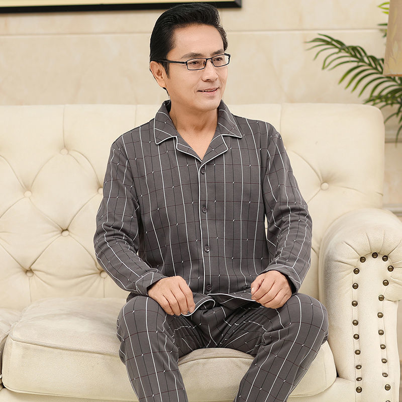 Pijamas de mediana edad y ancianos para hombres de primavera y verano 100% algodón de manga larga más tamaño cardigan Delgado traje de homewear