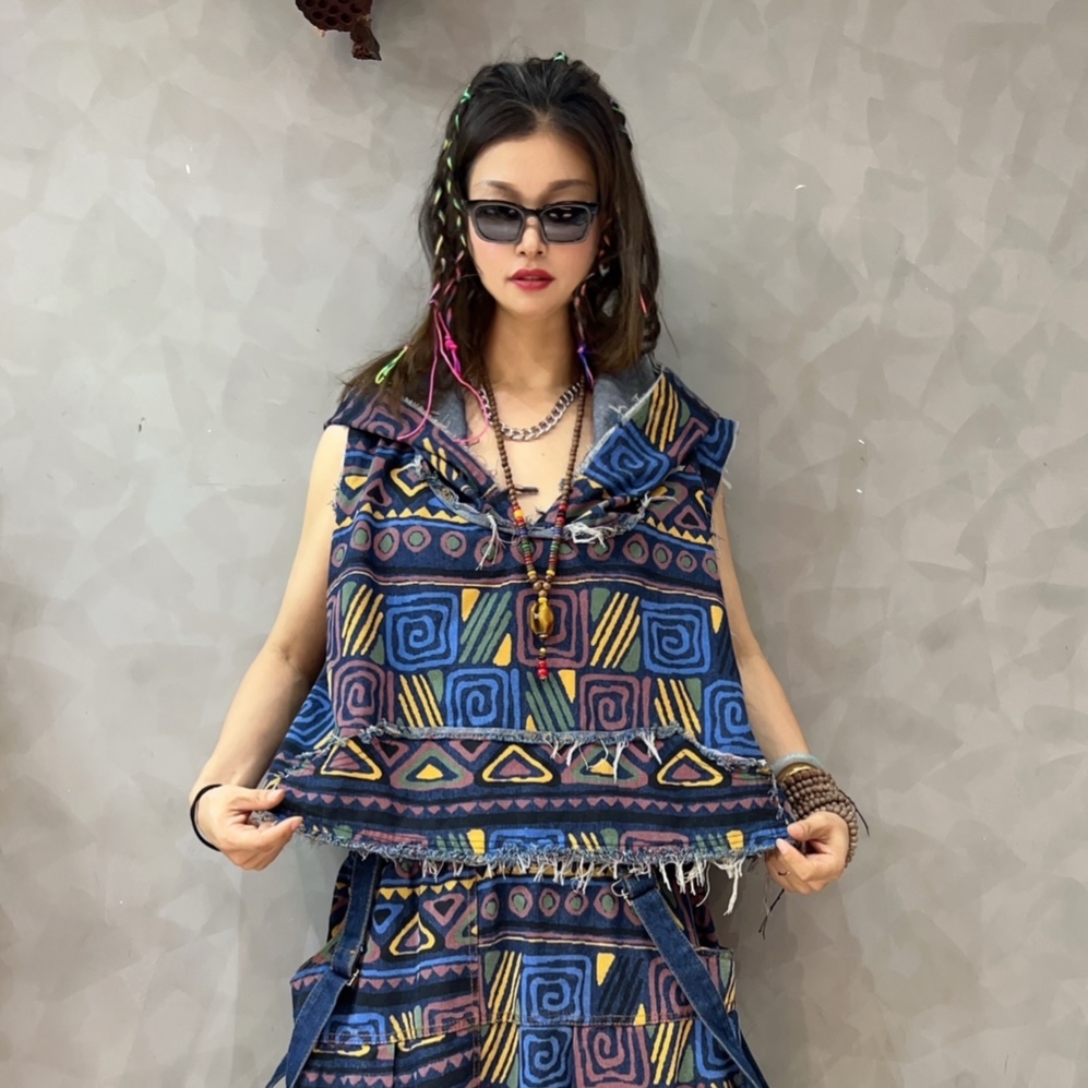 Personalidad de moda cool vaquero diseño de bordes de lana chaleco encapuchado correa de correa de chaleco de caño suelto conjunto de moda retro de moda mujer moda image 6