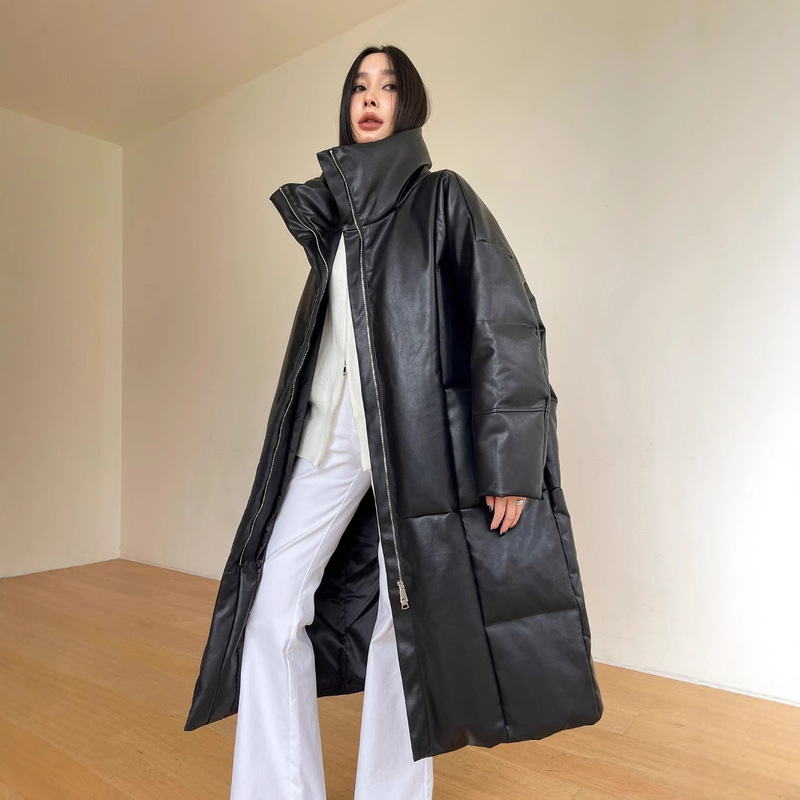 No-Wash Pu Leather down Jacket Women's Long 2025 New Winter Stand-Up Collar Jacket Foreign Style Loose Protein Leather Jacket