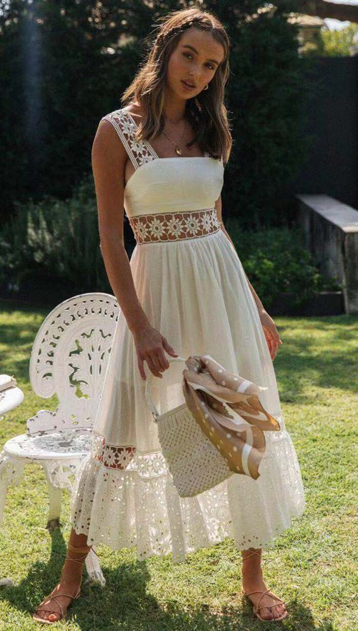 Women's Dress White Hollow Out Cotton Sundress Lace Sleeveless Long  Splicing Summer Party Elegant Evening Woman Skirt Clothing - AliExpress  200000345