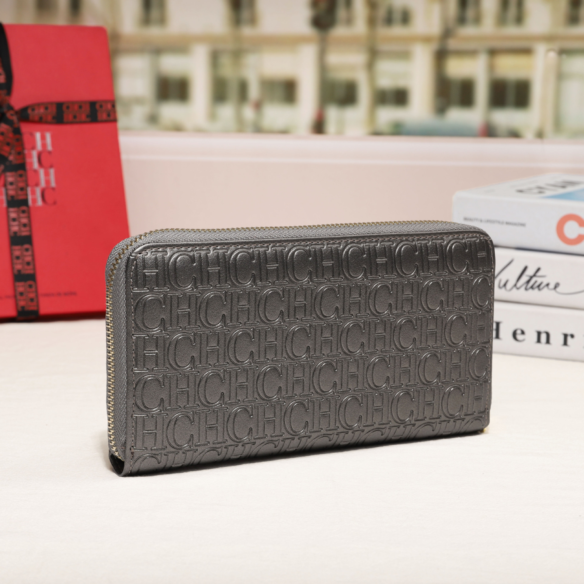 CHHC nuevo bolso 2025 moda femenina billetera con cremallera clásica textura real bolso largo unisex