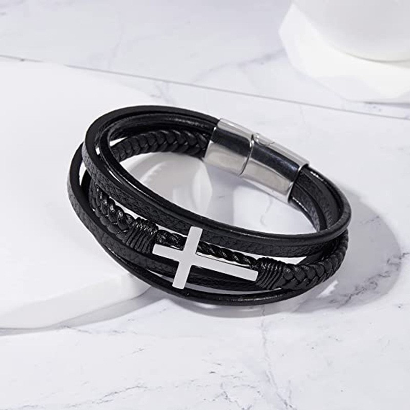 1 Piece Quantity Fashion Cross Rectangle Stainless Steel Pu Leather Braid Men's Bracelets Men Cord & Leather Bracelets