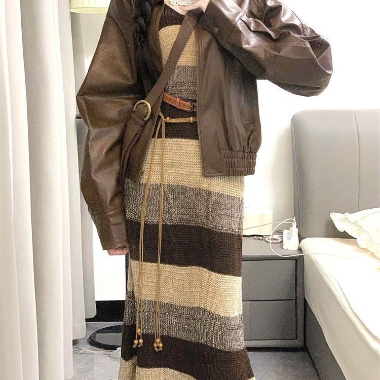 法式慵懒风皮夹克外套秋季新款收腰显瘦条纹针织连衣裙两件套装女