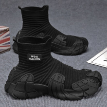 秋季男鞋透气飞织网面高帮休闲运动鞋男士防臭软底一脚蹬袜子潮鞋