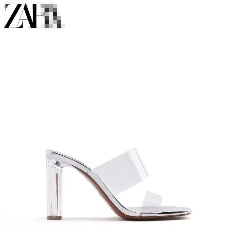 ZV Transparent Square Toe High Heel Sandals Spring Summer 2023 New Open Toe Crystal Chunky Heel Sandals Slippers Women