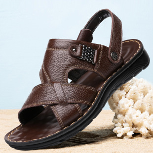 Sandals men's cowhide breathable soft bottom soft surface a pedal dual-purpose sandals and slippers outside wear casual beach shoes a generation of hair
