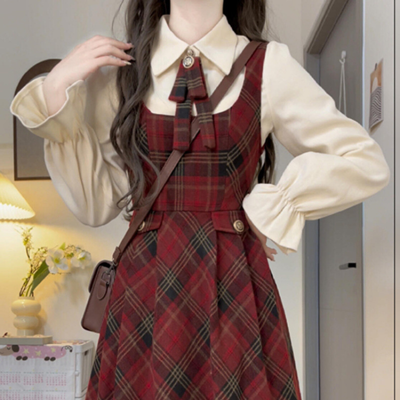 シングルスーツカレッジスタイル日本チェック柄サスペンダードレス女子学生ウエスト痩身ミドル丈サスペンダースカート|undefined