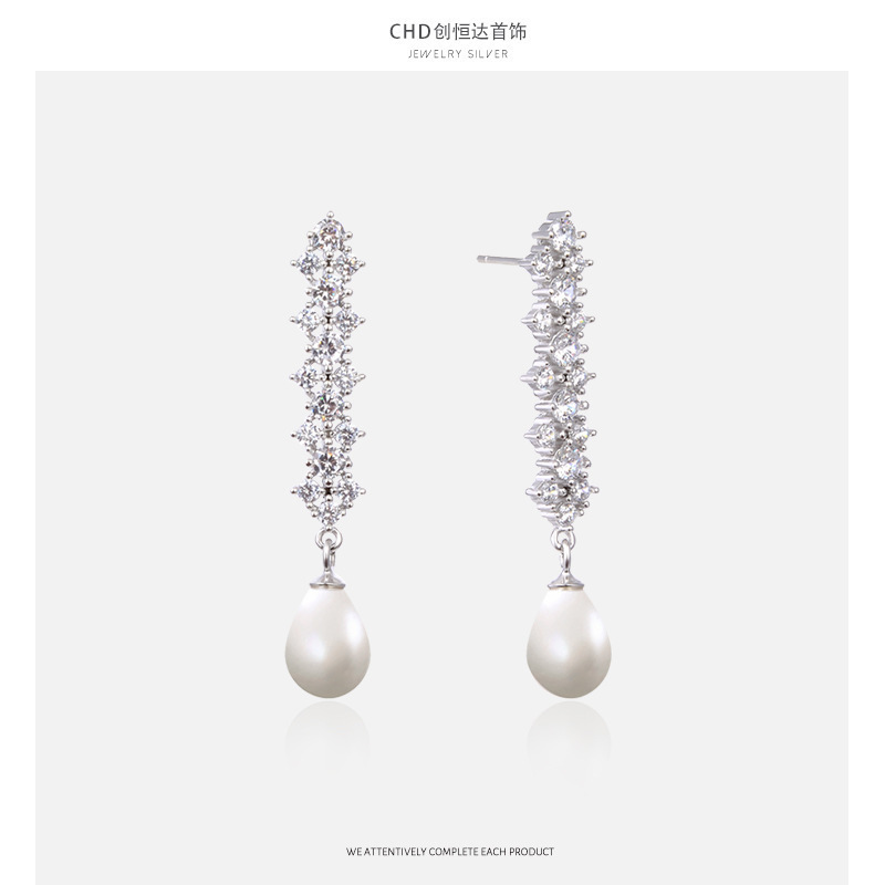 Temperamento coreano retro largos pendientes de zircón pendientes de perlas de plata esterlina S925 pendientes de perlas de diamante pendientes personales rojos