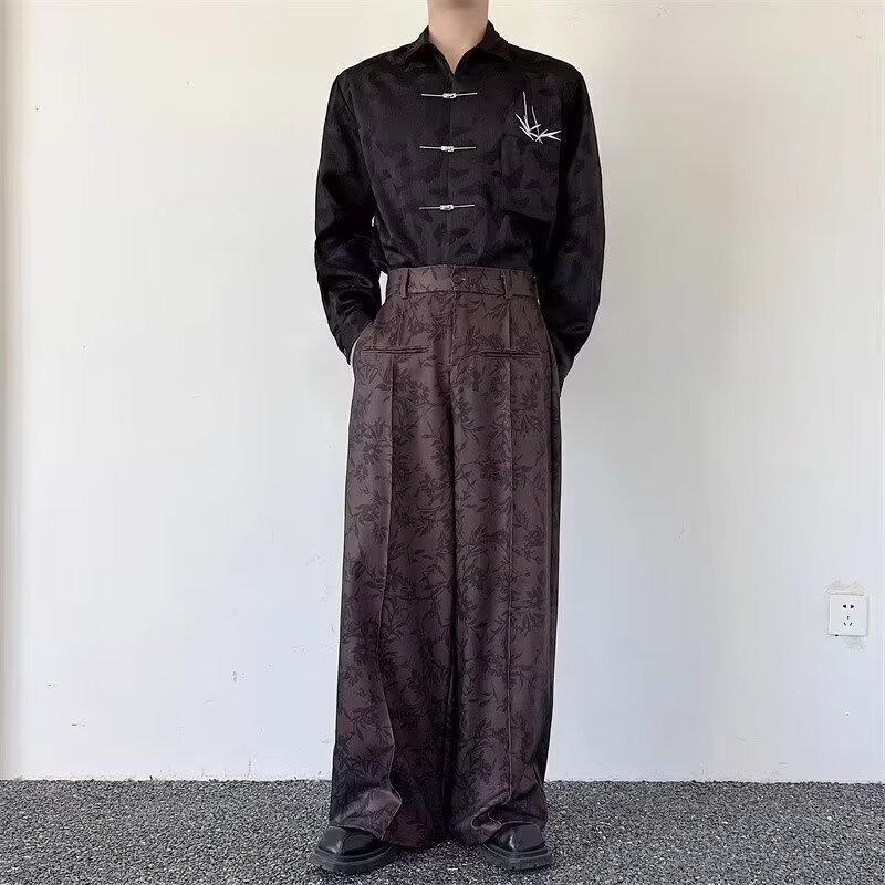 Japanese Niche Vintage Ink Pattern Wide Leg Pants Men's and Women's Casual All-match Trendy Trousers for Teenagers