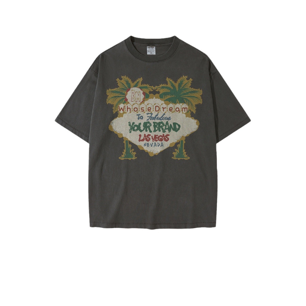 Camiseta de Marca BE para Hombre, Colección Primavera/Verano 2025, Estilo Vacaciones en la Costa Oeste, con Estampado de Palmeras, Manga Corta, Holgada, Moderna, Casual y Versátil