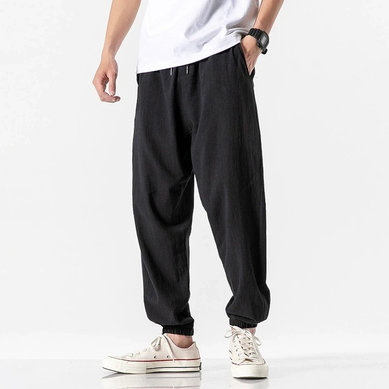 Ice Silk Casual Pants Men's Summer Thin Loose Leg-Tie Nine-Point Sports Pants 2025 New Cotton and Linen Quick-Drying Men's Pants