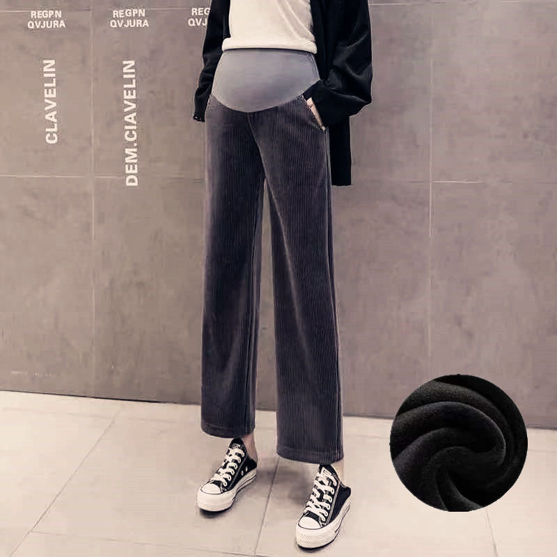 Pantalones de primavera y otoño de las mujeres embarazadas Pantalones anchos de terciopelo chenille pantalones de verano ropa exterior pantalones casuales nuevos pantalones de apoyo del vientre con forro polar rectos