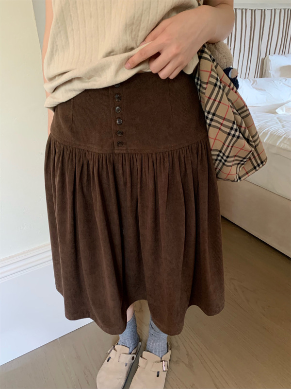 自留款秋冬温柔小众复古感纽扣设计显瘦百搭灯芯绒中裙粉色半身裙|undefined