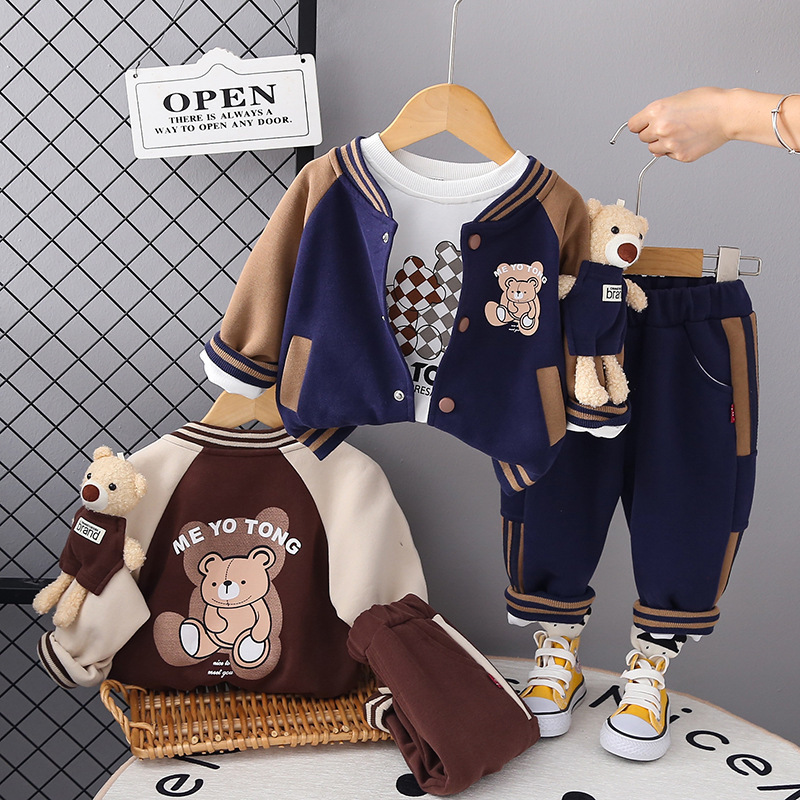 潮范童装儿童装男宝宝秋装套装立体熊棒球服三件套1一3-4岁棒球服