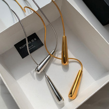 欧美简约长款金银色抽拉蛇骨链水滴项链女配饰秋冬高档大气毛衣链