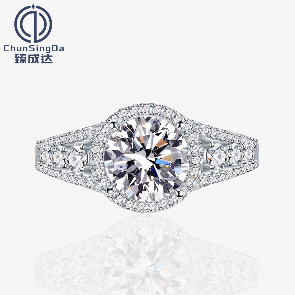Zhen Chengda Round 8mm Simulated Diamond Ring Full Diamond Inlaid with 5A Zircon 925 Sterling Silver Ring Engagement Ring Wholesale