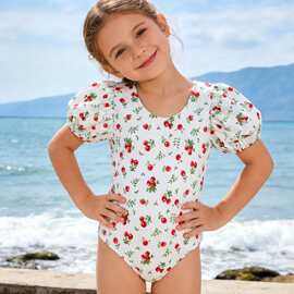 女童新款连体游泳衣可爱泡泡袖短袖儿童中大小童学生温泉沙滩泳装