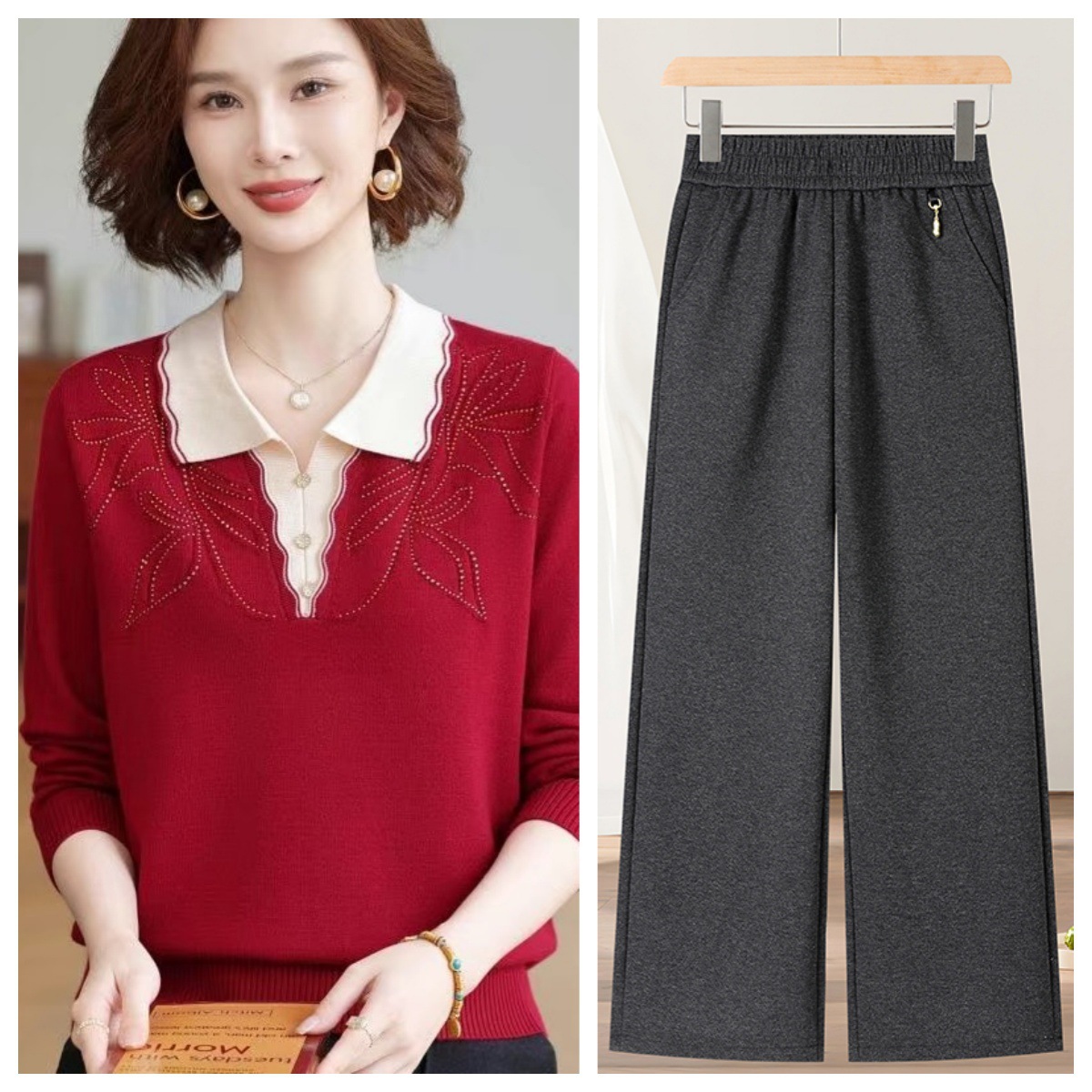 Autumn Mother's Two-Piece Set Thickeneded Knitted Sweater Middle-Aged Women's Elastic Waist Straight Wide-Leg Pants Mother-In-Law Suit