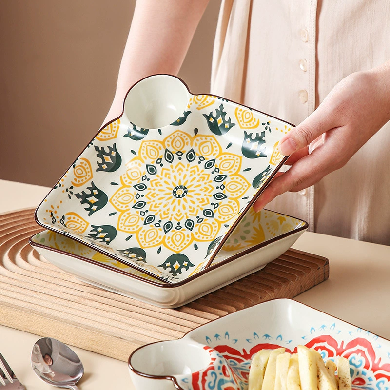 Dumpling Plate (Samia) Modern Wave Square with Sauce Well, Decorative Multi-Pattern Serving Dish