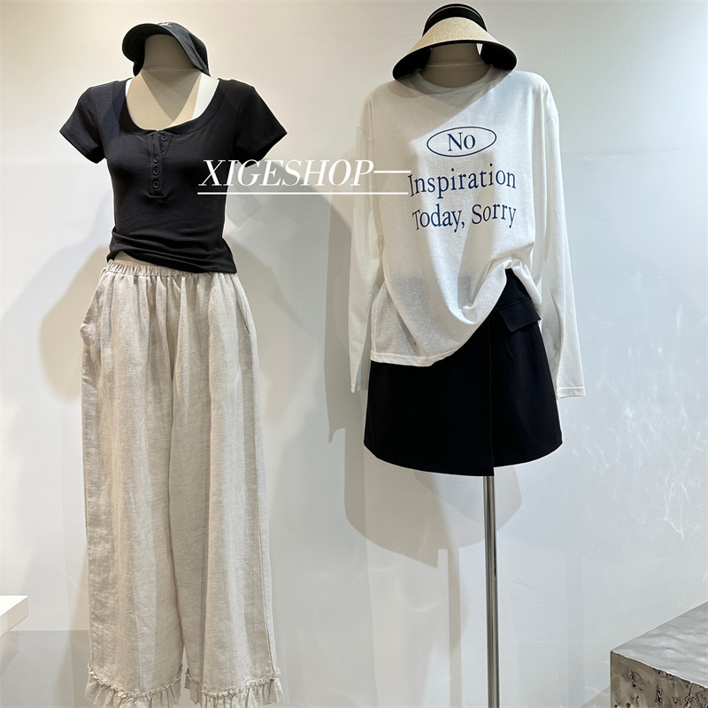女性用リラックスリネンテンセルレースパンツ春夏薄手通気性ルーズストレート耳付き9点ワイドレッグパンツ|undefined