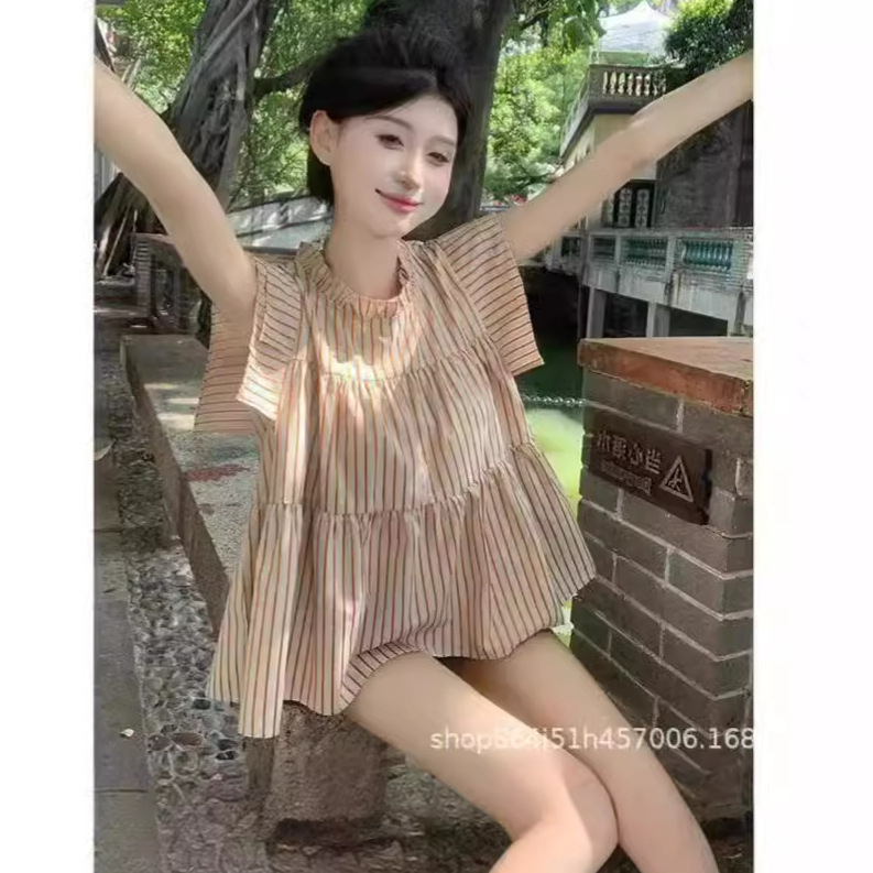 New Casual Loose Feifei Sleeve Shirt for Women Summer New Niche Loose Slimming Look Casual Stripesd Top for Women Summer