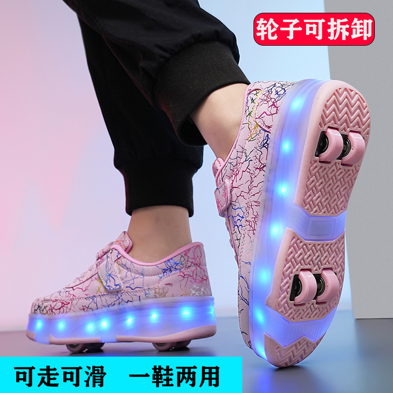 Cross-Border Hot Selling Children's Heelys, Skating Luminous Shoes, Rechargeable Four-Wheel Detachable Heelys for Boys and Girls