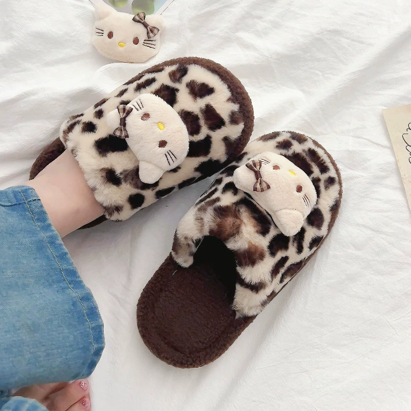 Мультяшные леопардовые мяу шерстяные тапочки женские осень-зима новые открытые хлопчатобумажные тапочки для дома слово нескользкие тапочки