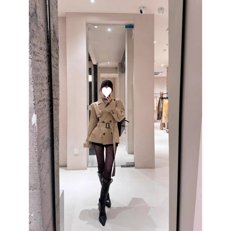 美式辣妹卡其色廓形双排扣中长款风衣秋冬感外套女涤纶半开领长袖|undefined