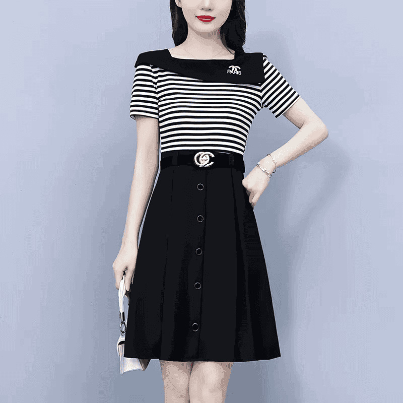 跨境2025新款女装裙子感轻奢时尚百搭洋气减龄短袖收腰连衣裙|undefined