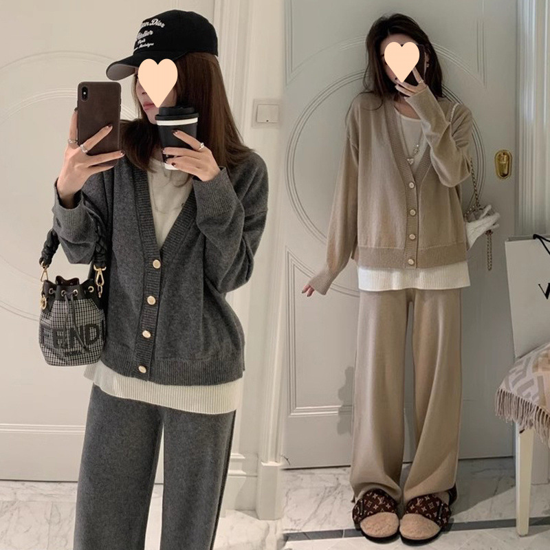 임산부 정장 2025년 신상 봄 가을 패션 트렌디 가을 겨울 니트 스웨터 상의 및 바지 투피스 정장
