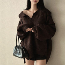 韩国ins冬季新款韩版慵懒风宽松中长款套头针织衫厚实毛衣女外套