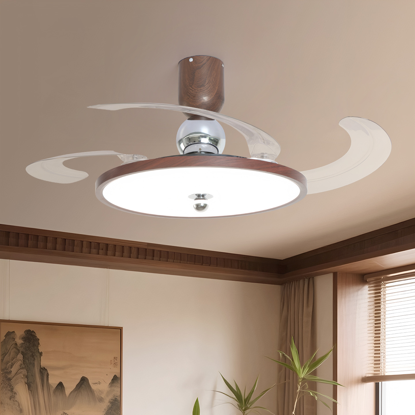 lámpara de ventilador de dormitorio ventilador de techo invisible estilo medieval madera de techo con lámpara de ventilador de iluminación integral lámpara Zhongshan lámpara