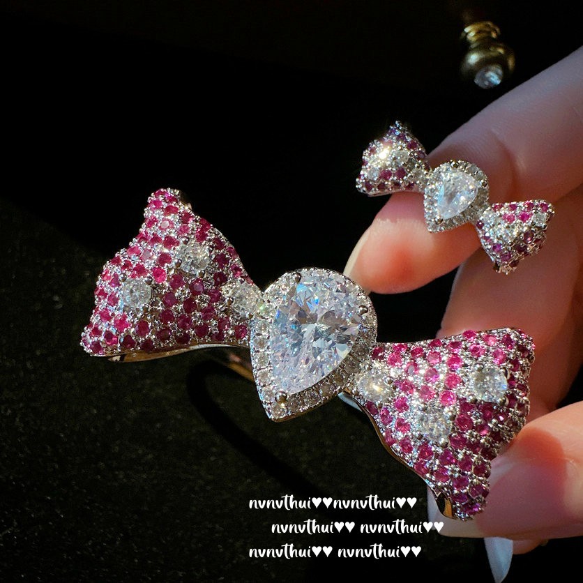 Wine-stained rose bow water drop gem rin...