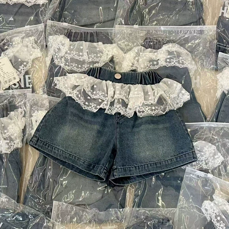 Летний набор, детская мультяшная fashion кружевной топ без рукавов, джинсовая юбка, шорты