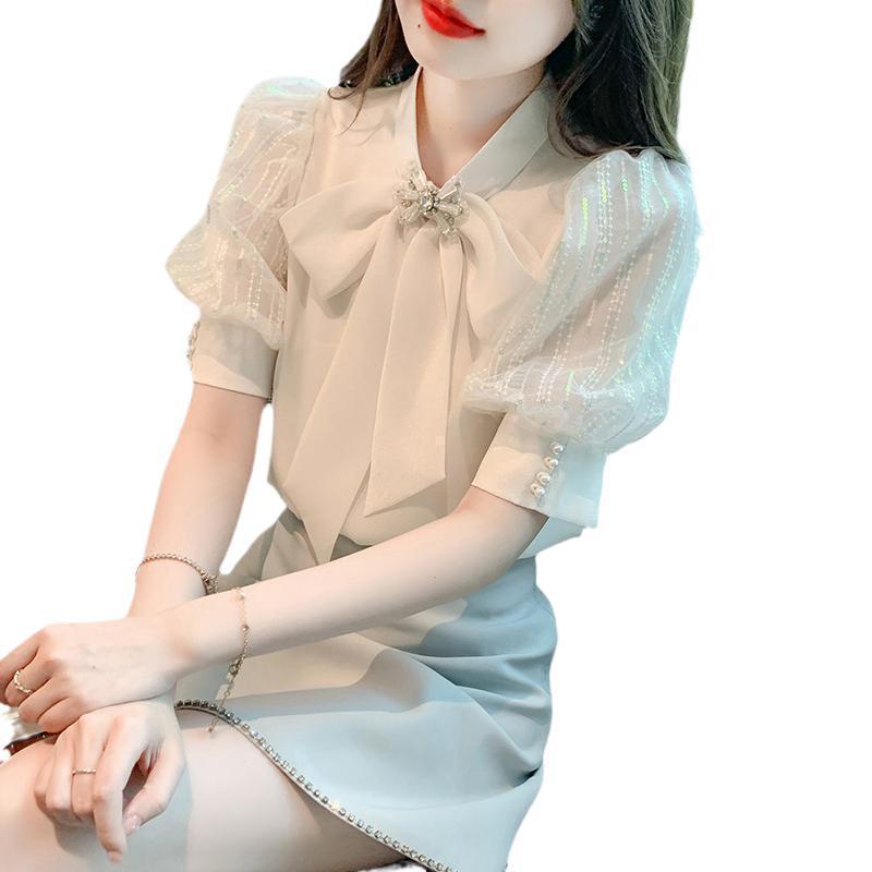 宫廷风雪纺短袖衬衫女士夏季减龄洋气小衫2025新款爆款泡泡袖上衣|undefined