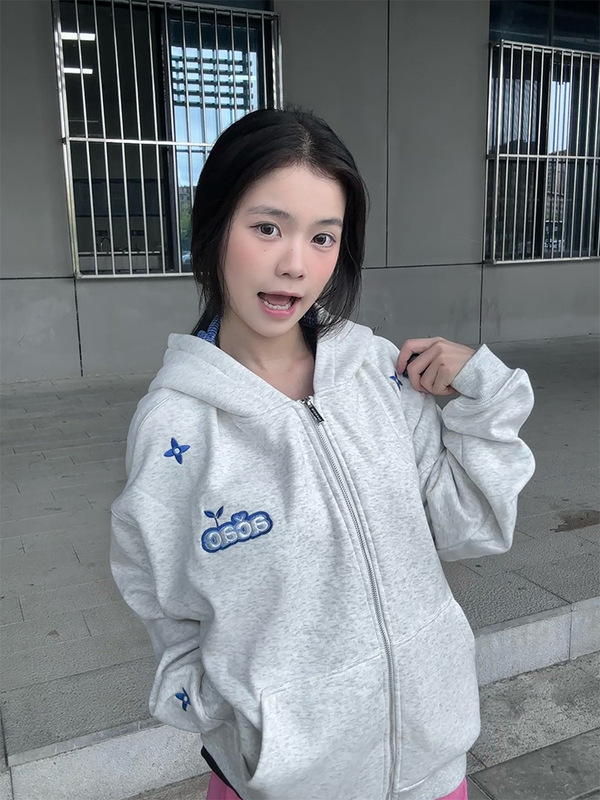 格子美式帽卫衣秋冬拼接格纹新款宽松连帽开衫卫衣女慵懒休闲外套|undefined