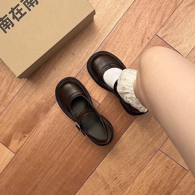 棕色复古法式增高厚底小皮鞋女2025新款春季粗跟玛丽珍浅口单鞋子|undefined
