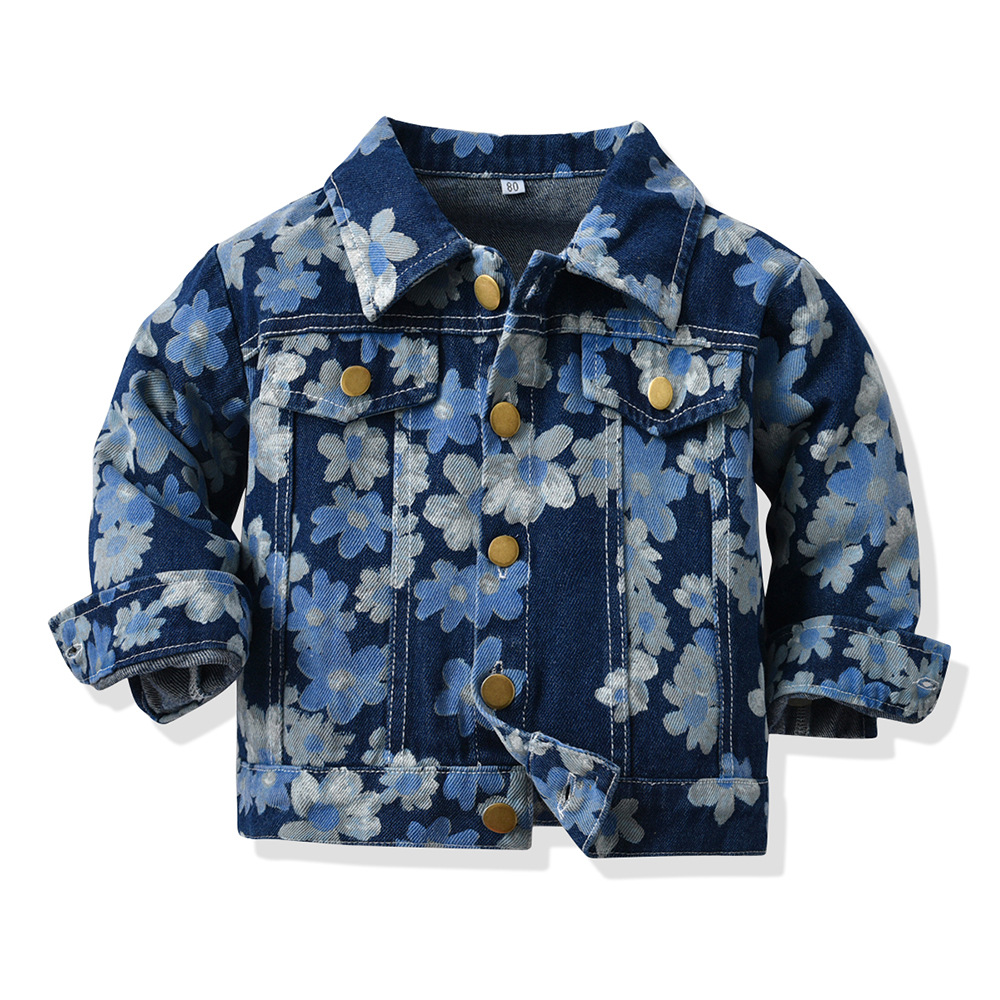 Chaqueta de mezclilla para niños de estilo coreano primavera y otoño nuevos productos de manga larga con solapa estampada de mezclilla corta ropa de exterior top de estilo de moda