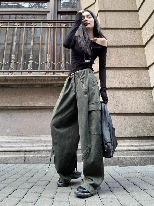 美式复古多口袋水洗宽松工装裤男女潮牌街头做旧抽绳百搭阔腿裤子|undefined