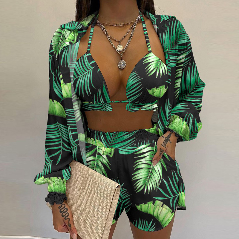 385g Weight Nine Points Sleeve Sleeve Length Polyester Fabric Type Pant Co-ord Set Sets Type 3 Pieces Set Quantity Holiday, Beach Occasion Halter Neck Neckline Regular Fit Fit Type Gradient Color, Tropical, Solid Color Pattern Summer Season Women's Gender Printing Design Vacation Style Holiday Beach Women's Vacation Gradient Color Tropical Solid Color Polyester Printing Pant Co-ord Set Shorts Sets 无