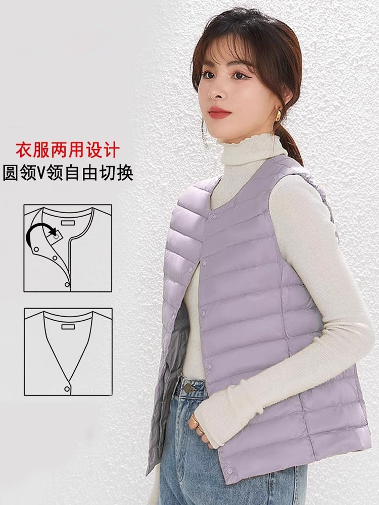 Otoño plumado ligero damas no cuello V chaleco blanco chaleco interior de caballo clip de hombro con chaqueta de base
