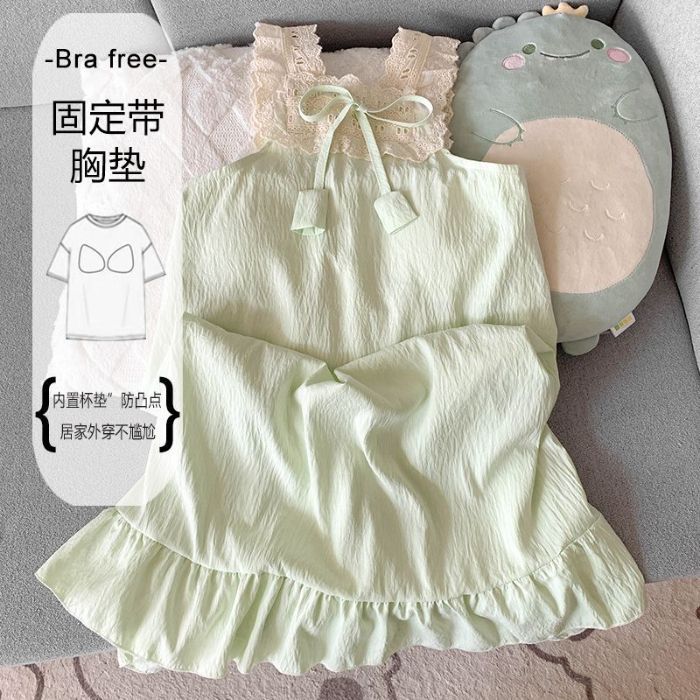 Chaleco de encaje camisón verano pijamas de mujer nube cinturón de algodón cojín en el pecho sin mangas vestido de princesa suelto ropa de casa verano