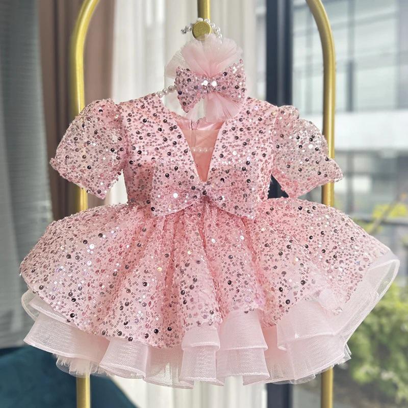 Girls' Puff Sleeves, Princess Young Children, Pink Sequined Tulle With Bow, Children's Dress For Cross-border Sales_voghion.com