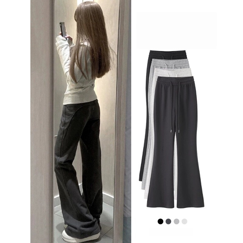 American-Style Spicy Girl Gray Sports Flared Pants for Women, Summer High-Waisted Slimming Micro-Flare Pants, High-Waisted Slimming Casual Narrow Sweatpants